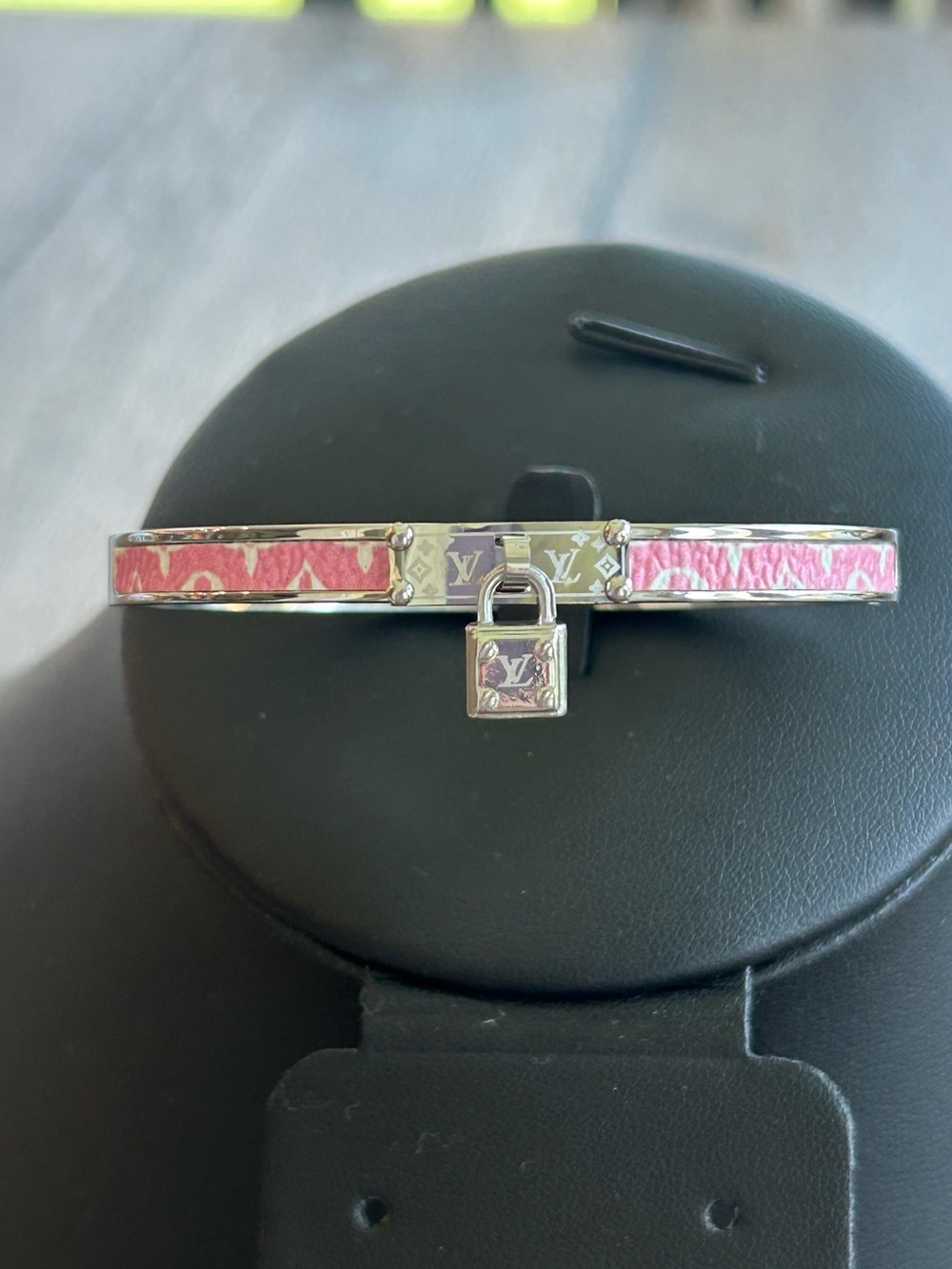 Silver Tone  Pink Monogram Padlock Bangle Bracelet